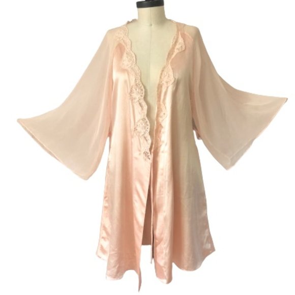 Vintage VALENTINO Peach Satin Lace Negligee Robe - Picture 1 of 17